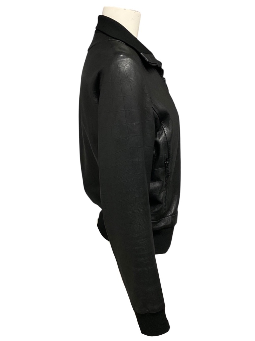 BOTTEGA VENETA BLACK EMBOSSED LEATHER ZIP FRONT BOMBER JACKET - Picture 2 of 5